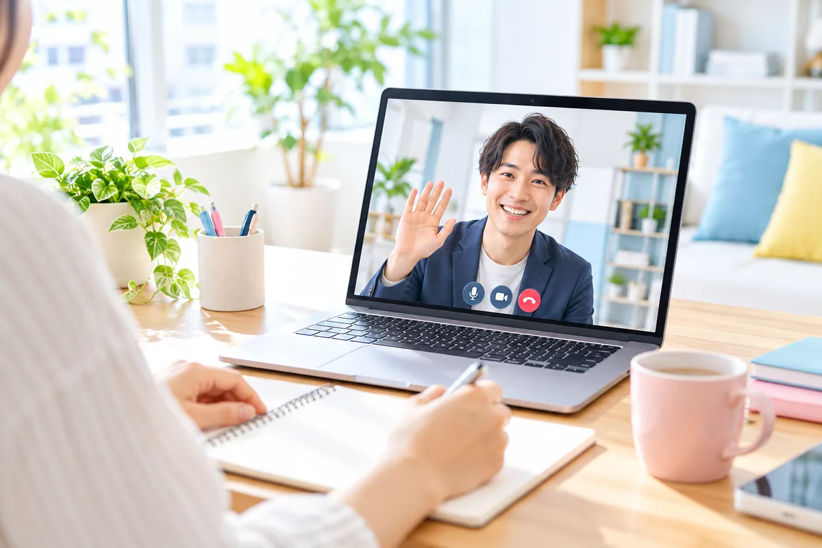 オンラインの無料相談で、担当者が画面越しに笑顔で手を振っている様子